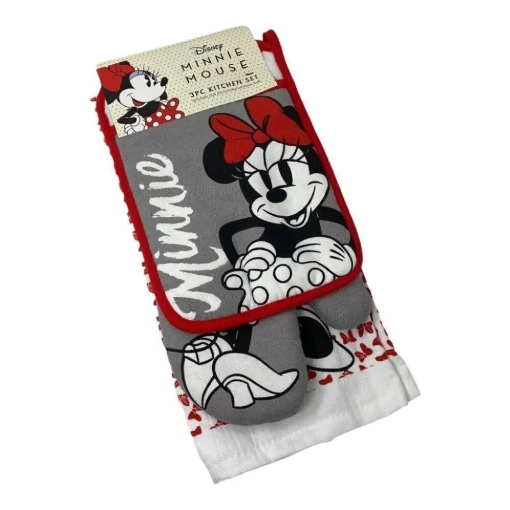 New Disney MINNIE MOUSE 3PC Kitchen‎ Towel Oven Mitt Pot Holder Set Bow Ears